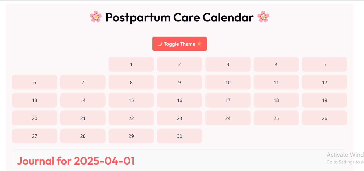 Postpartum Care Calendar
