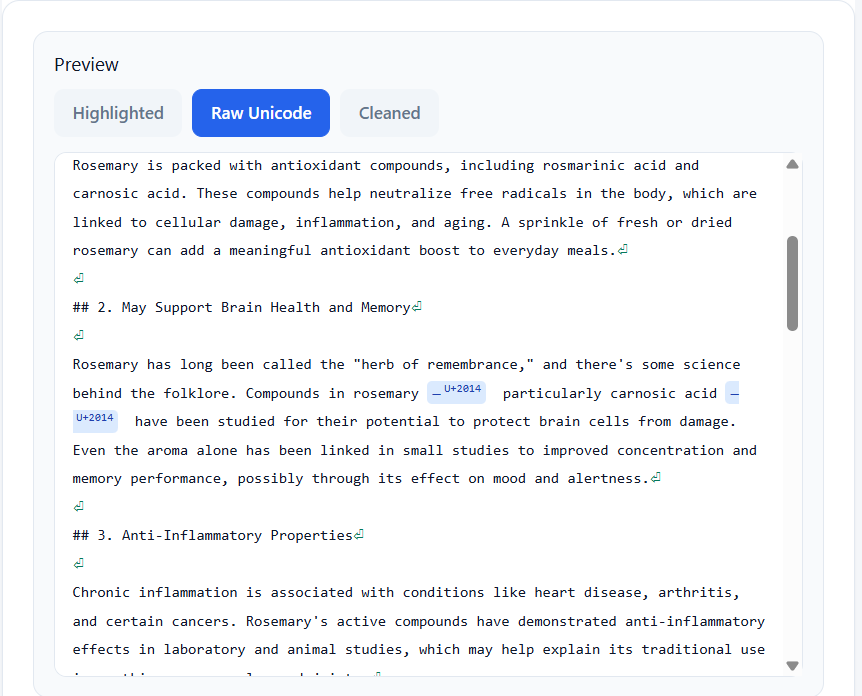 Detect Claude watermark raw Unicode results