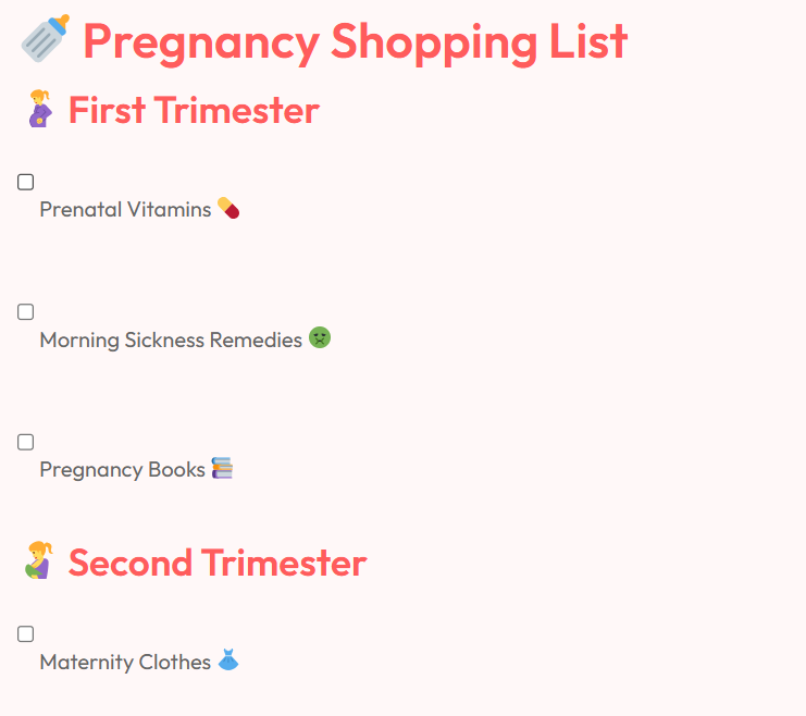 Pregnancy Shopping List