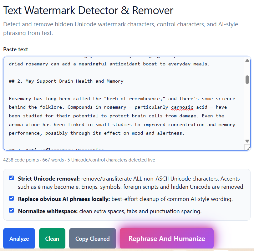 Paste Claude AI generated text into Freeaiden watermark analyzer